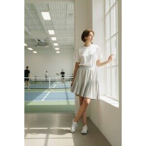 SPANX Get Moving Asymmetrical Pleated Skort M White-Gray Tenniscore Preppy